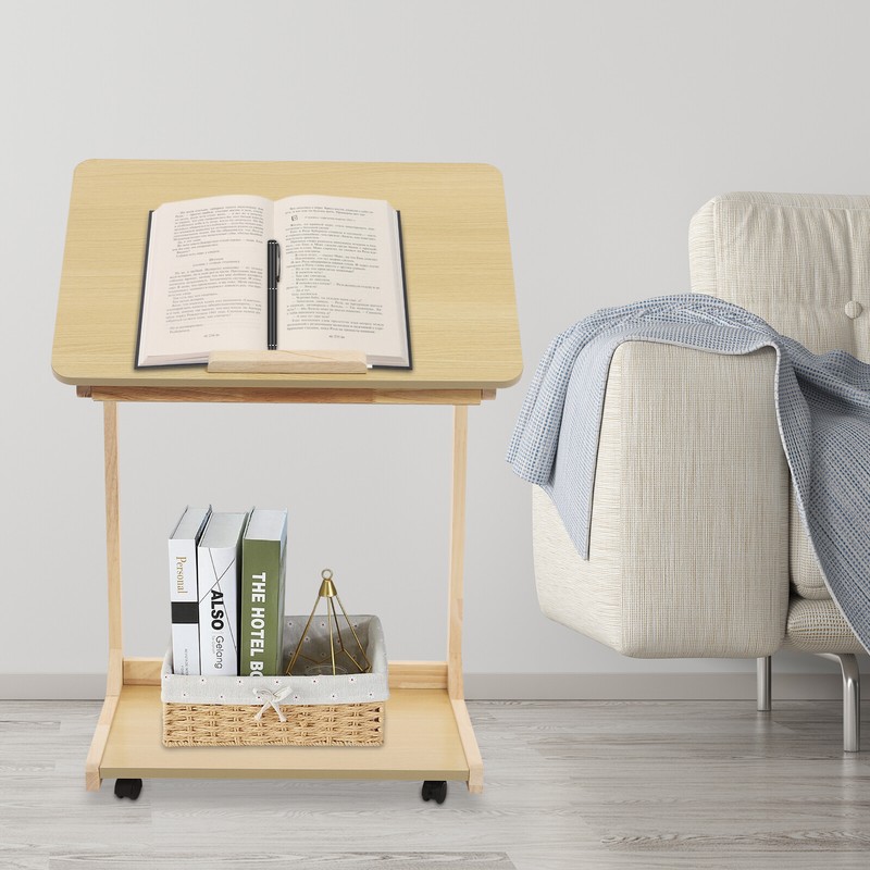 2 Tier C Shaped Table With 4 Wheels Couch Table End Table For Drink & Snack US gallery