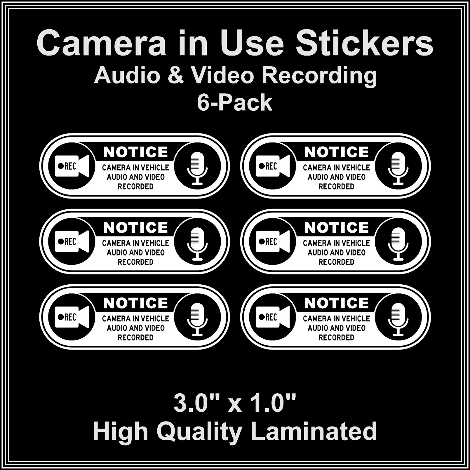 Camera in Car Recording Video 6-Pack Decals White & Black 3.0" x 1.0" for Uber gallery