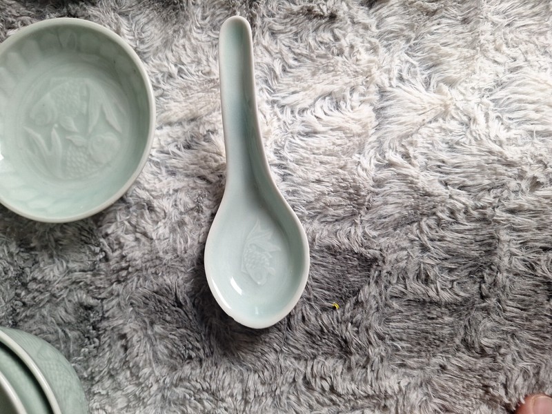 7 Piece Canton Express Celadon Goldfish Dinnerware Bowls Plates, Spoon Sauce Dis gallery