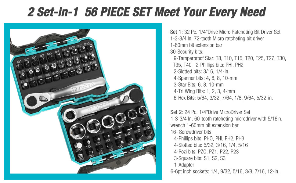 DURATECH 56PC1/4"Mini Ratchet Wrench&Screwdriver Bit Set 2Set-in-1w/Storage Case gallery