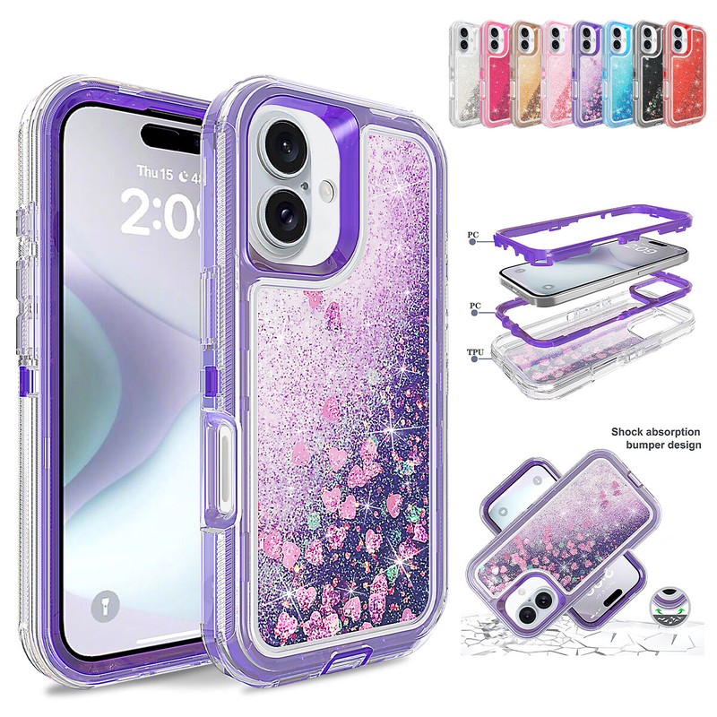 Shockproof Case For iPhone 16 15 14 13 12 11 Pro Max XS XR Liquid Glitter Cover