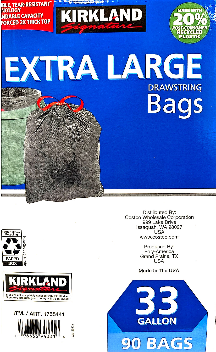 Kirkland Signature Flex-Tech Extra Large Drawstring Bags 33 Gal 90 Bags gallery