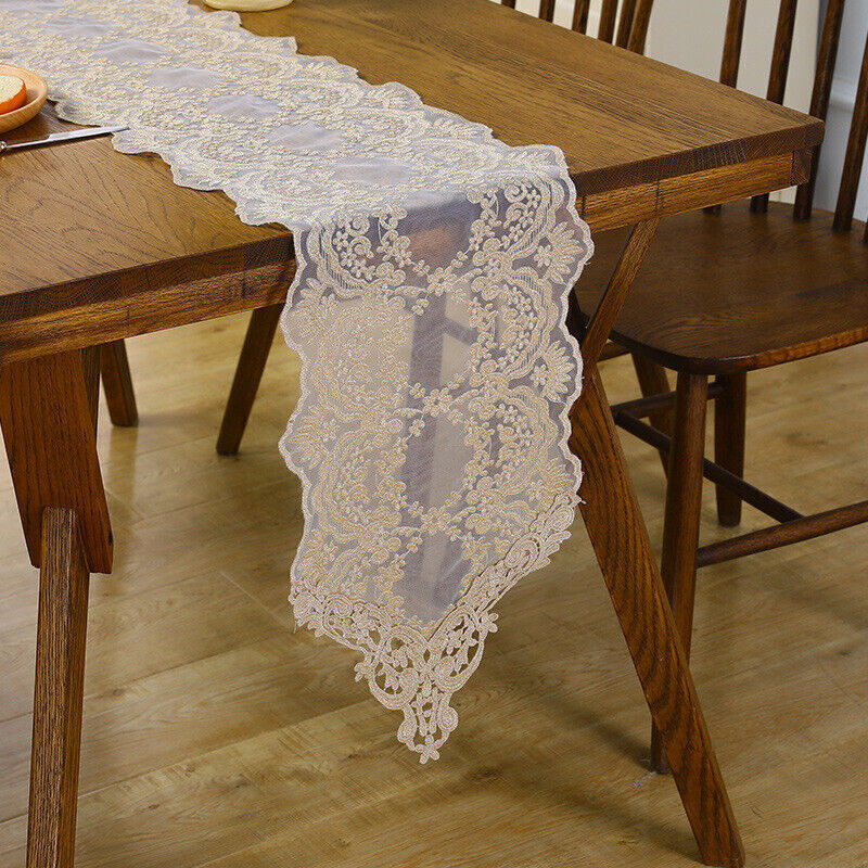 Beige Vintage Embroidered Lace Table Runner Dresser Scarf Wedding Party Decor gallery