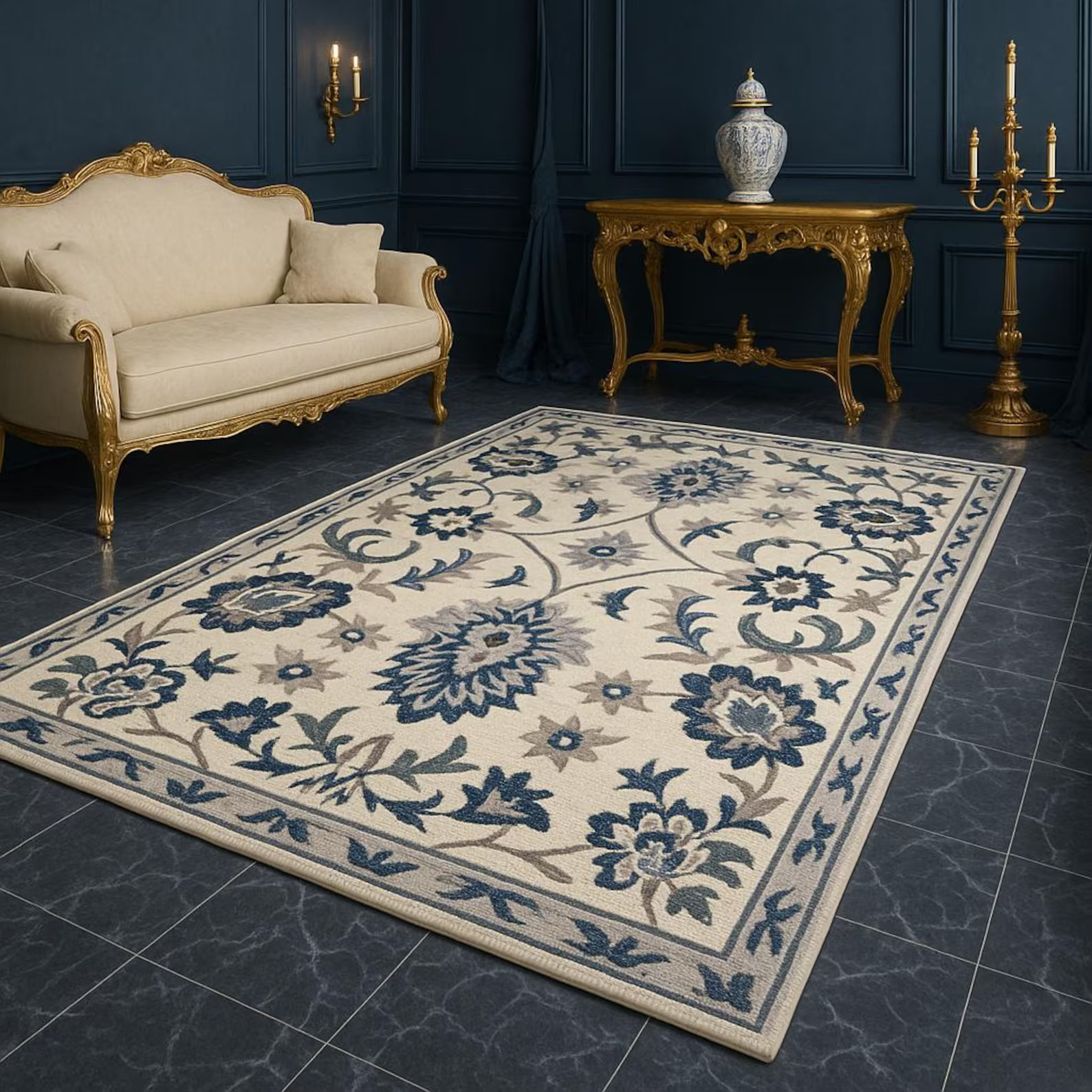 Modern Hand Tufted Wool Rug: Floral Blue, Grey, Ivory gallery