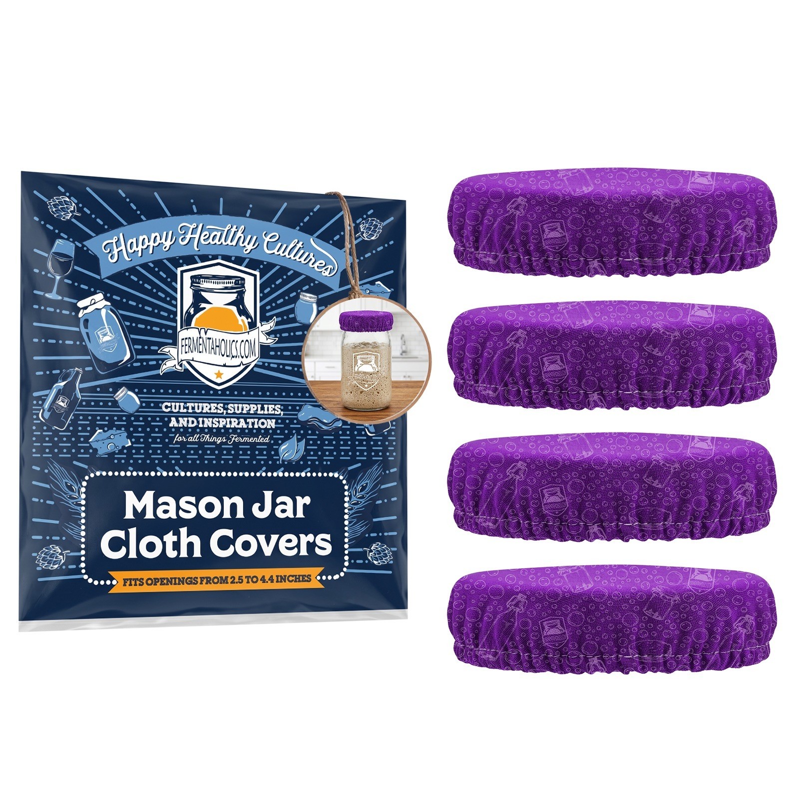 Fermentaholics Breathable Mason Jar Cloth Covers for Fermentation, Purple 4 Pack gallery