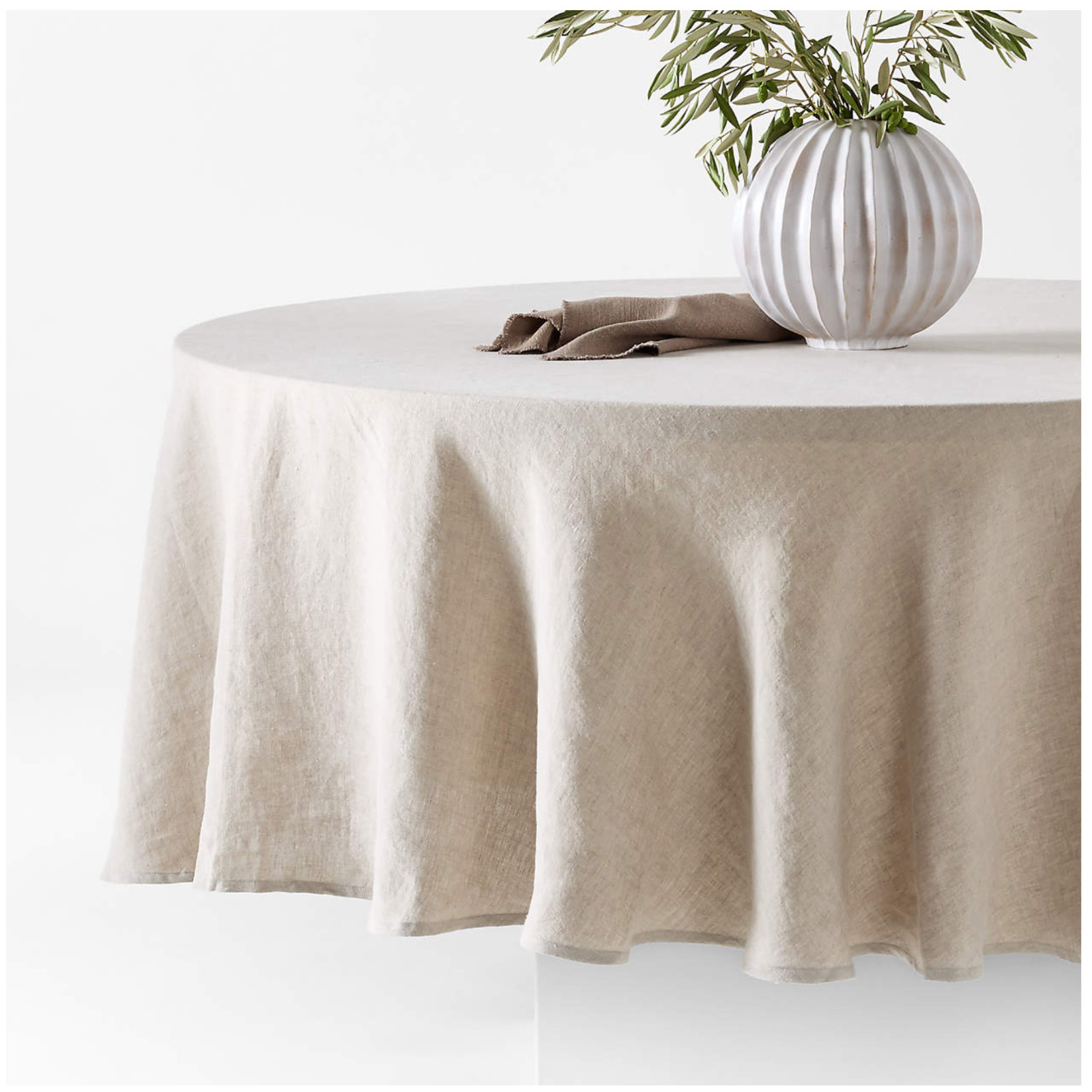 Crate & Barrel Marin 100" Round Natural EUROPEAN FLAX Linen Tablecloth MSRP $160 gallery