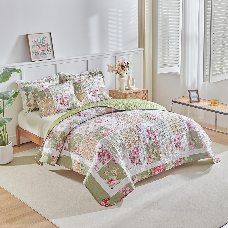 Patchwork Quilt Set King Size,3 Pieces Green White Pink 90*102, gallery