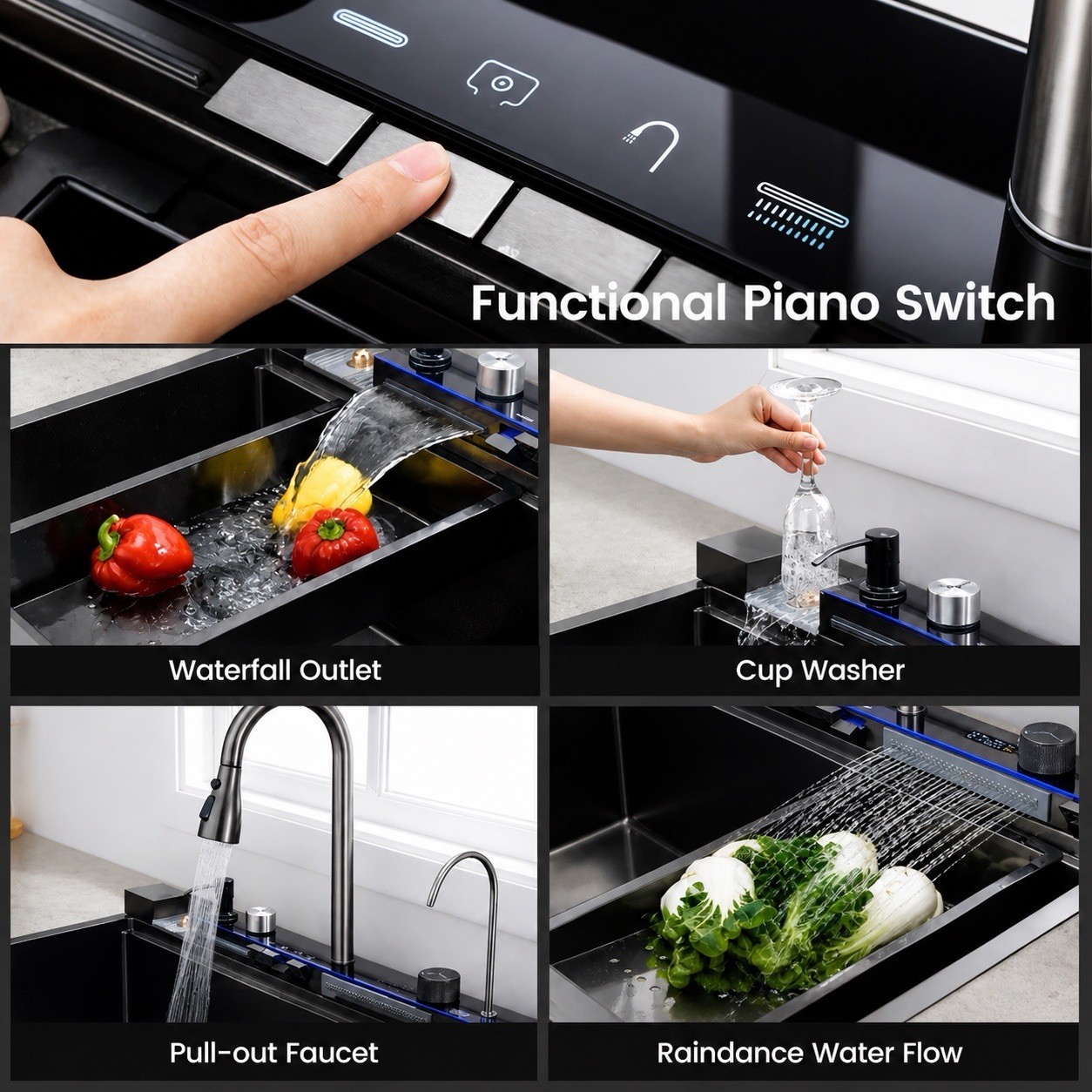 30 x 18” Waterfall Kitchen Sink Flying Rain Pull-Out Faucet w/ Cup Washer gallery