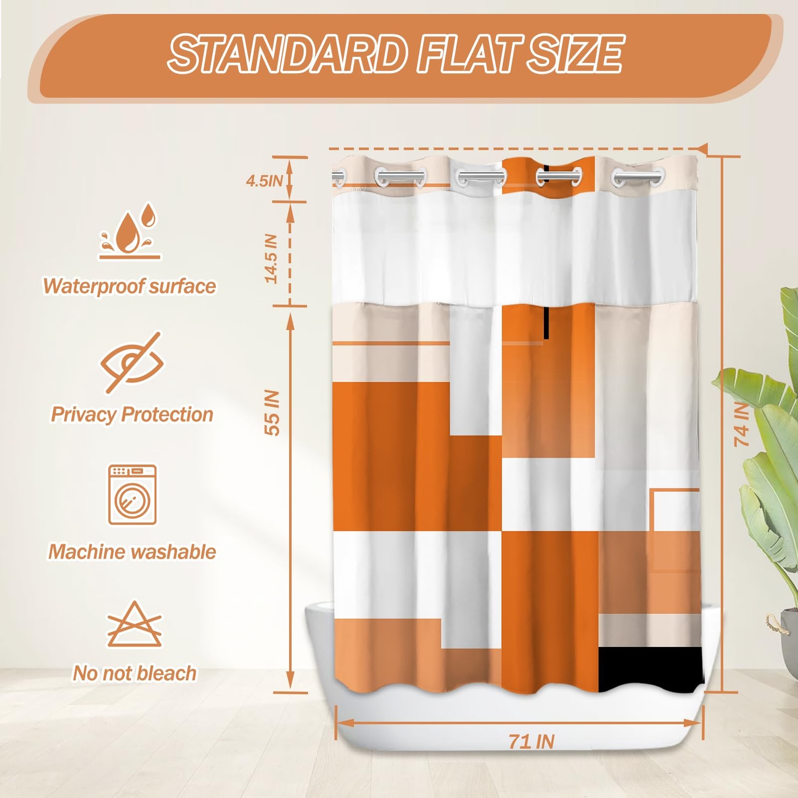 Hookless Shower Curtain Set Snap In Liner Geometric Orange White 71x74 Inch gallery