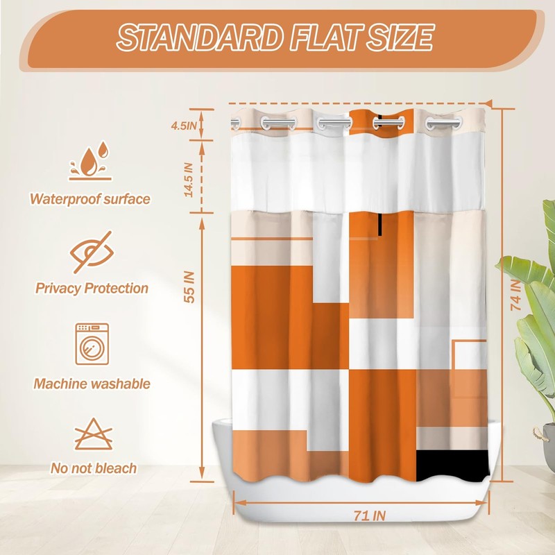 Hookless Shower Curtain Set Snap In Liner Geometric Orange White 71x74 Inch gallery