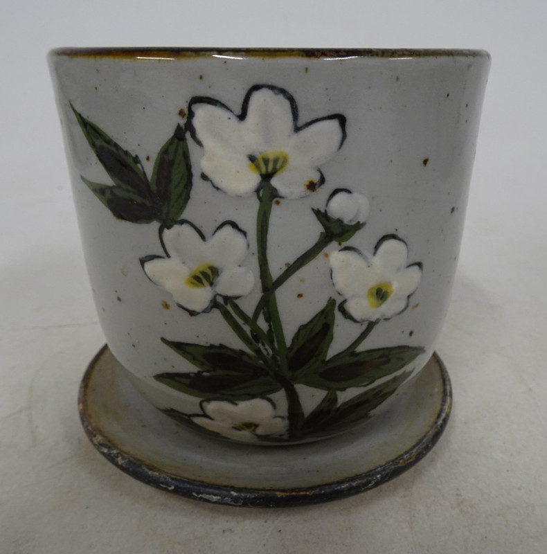 Set Ceramic Gray Speckled Planters Flower Pots White Floral Design 3 Matching gallery