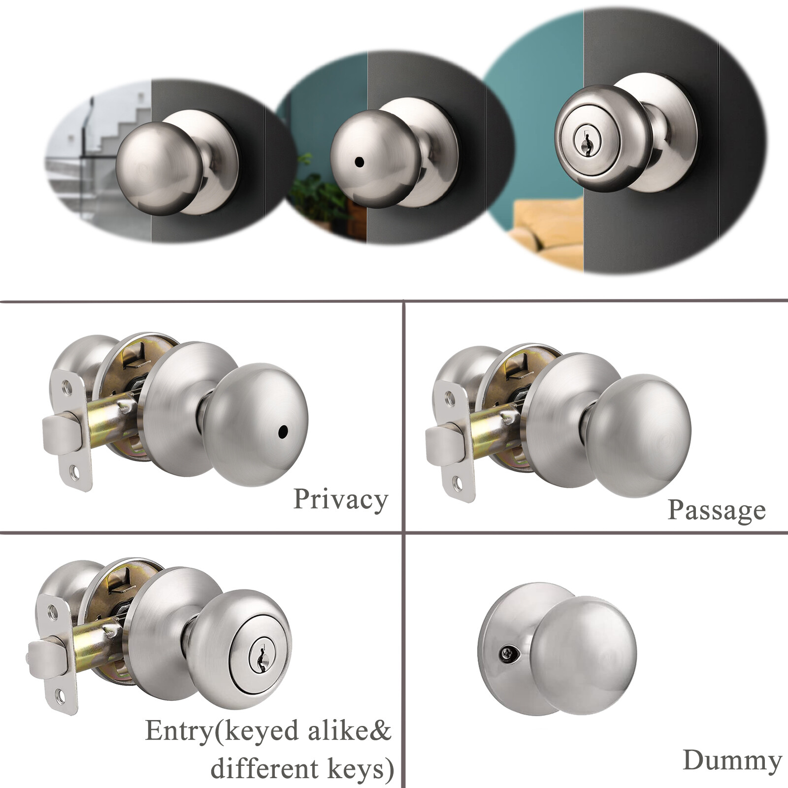 Probrico Brushed Nickel Privacy Passage Dummy Round Door Knob Entrance Lock Sets gallery