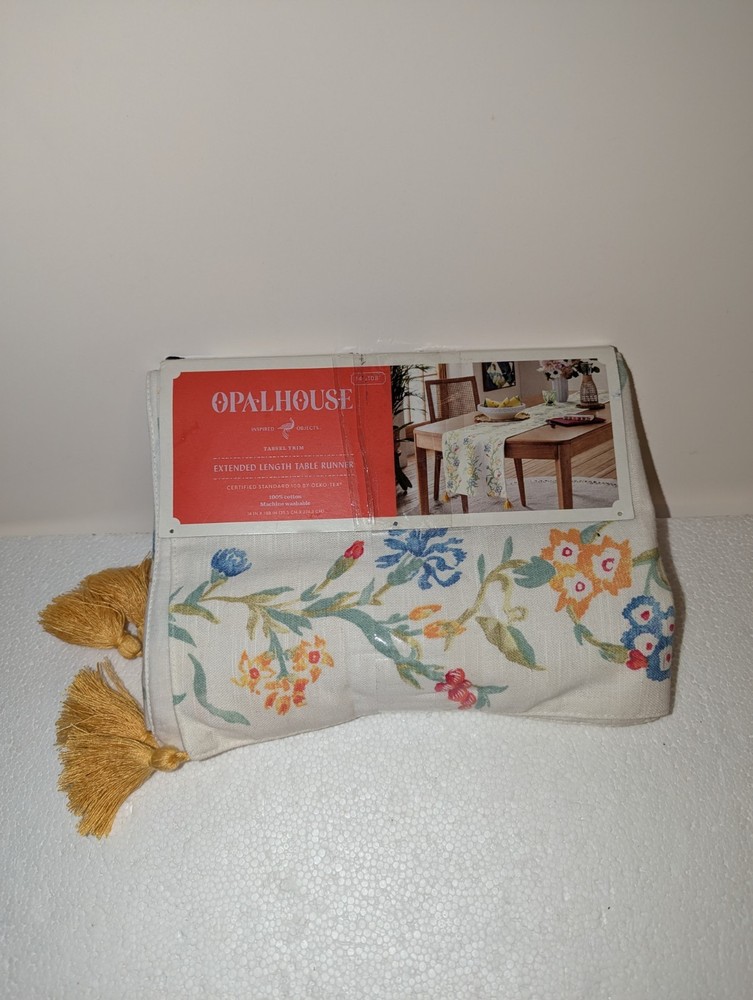 Opalhouse Extended Length Table Runner Floral With Gold Tassels 100% Cotton