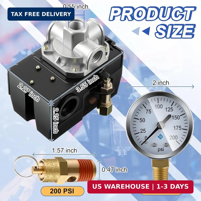 Dreyoo Air Compressor Pressure Switch 135-175 4-Port 20 Amp with 0-200 PSI Gauge gallery