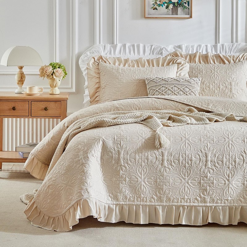 Ruffles Quilt Set Queen Size 96 * 96in - 3 Pieces Solid Shabby Chic Farmhouse... gallery
