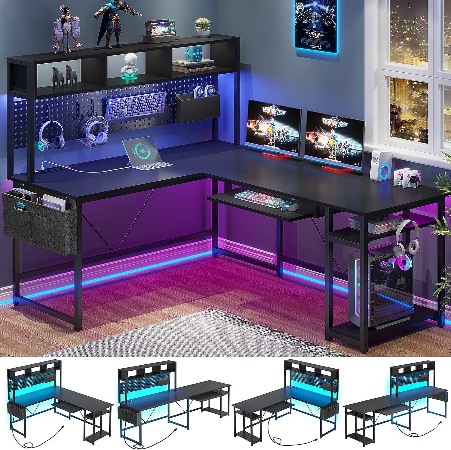 L Shaped Gaming Desk, Reversible Computer Desk with Power Outlet and Pegboard gallery