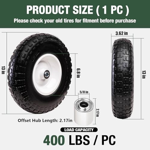 1 PC 13 Inch Solid Flat Free Replacement Tires and Wheels 4.00-6 with 5/8'' gallery