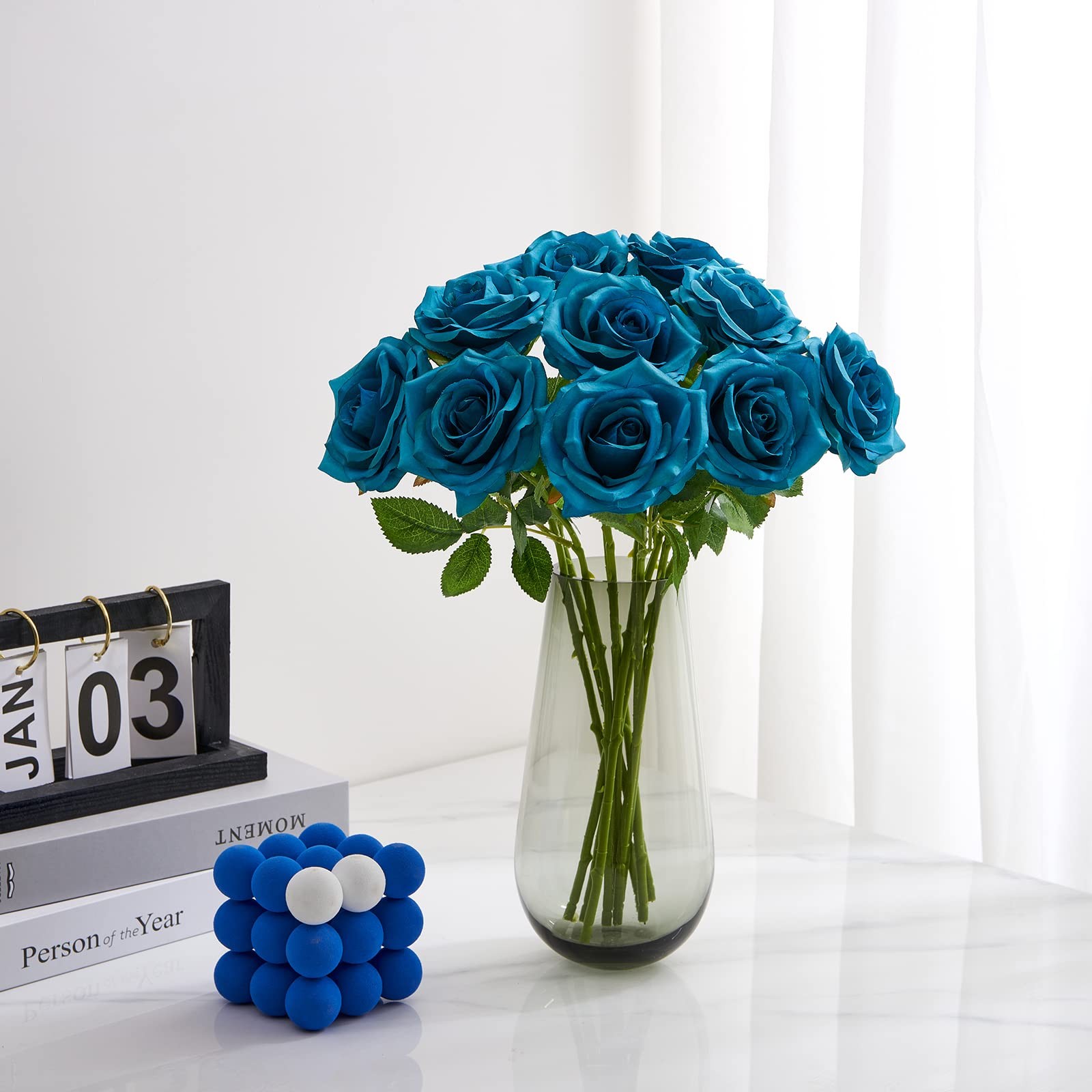 Teal Artificial Rose 10pcs Open Flower Bouquet Faux Rose Stems Turquoise Blue... gallery