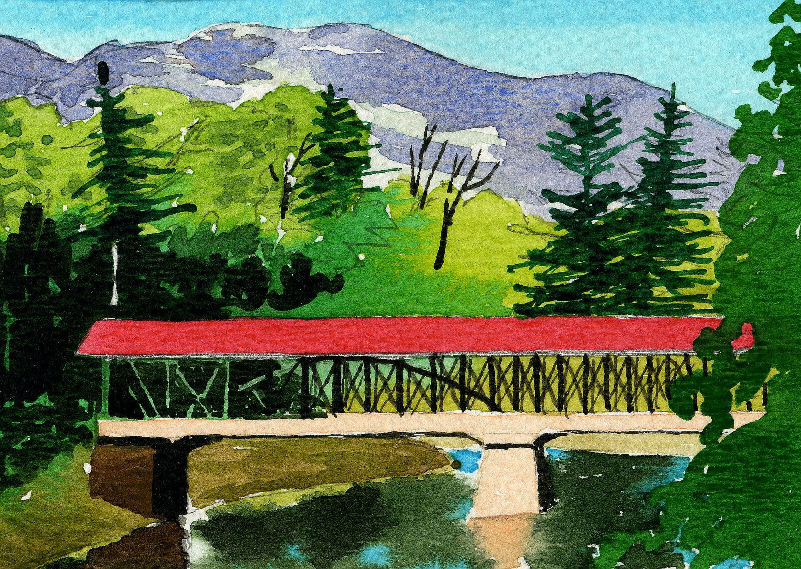 Saco River Covered Bridge, Conway NH. Colorful Peter Mason watercolor art prints gallery