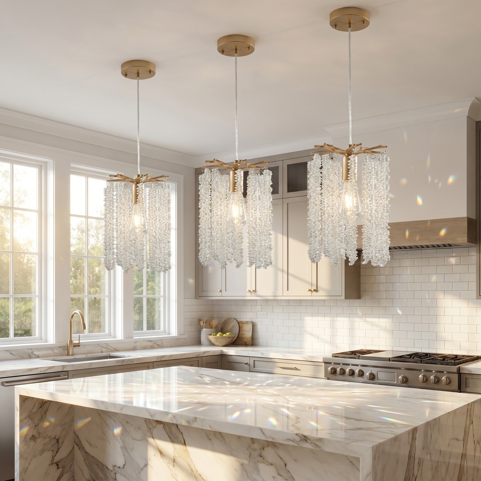 3 Pack Modern LED Crystal Chandelier Gold Raindrop Pendant Light Kitchen Fixture gallery
