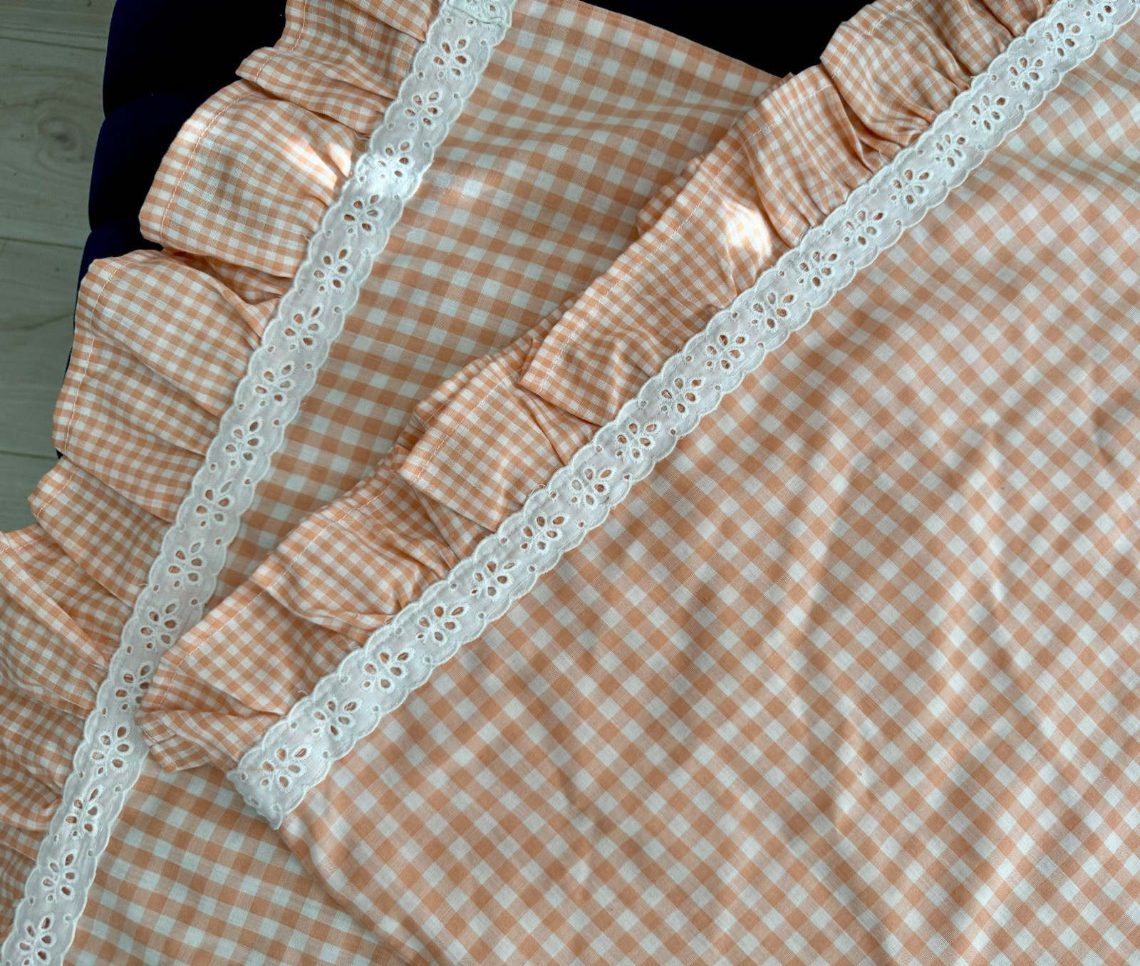 2 Vtg Pair Standard Handmade Orange Ruffle Gingham Checked Pillowcases 22x28 gallery