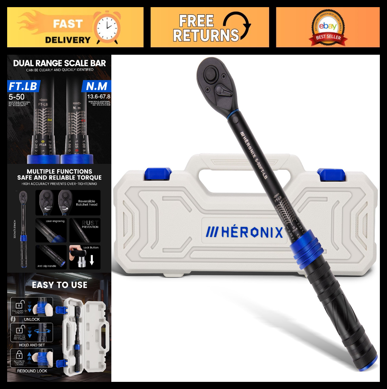 3/8" Drive Click Torque Wrench 5-50 Ft-Lb, Dual Scale, 72-Tooth, Mini Tool for B gallery