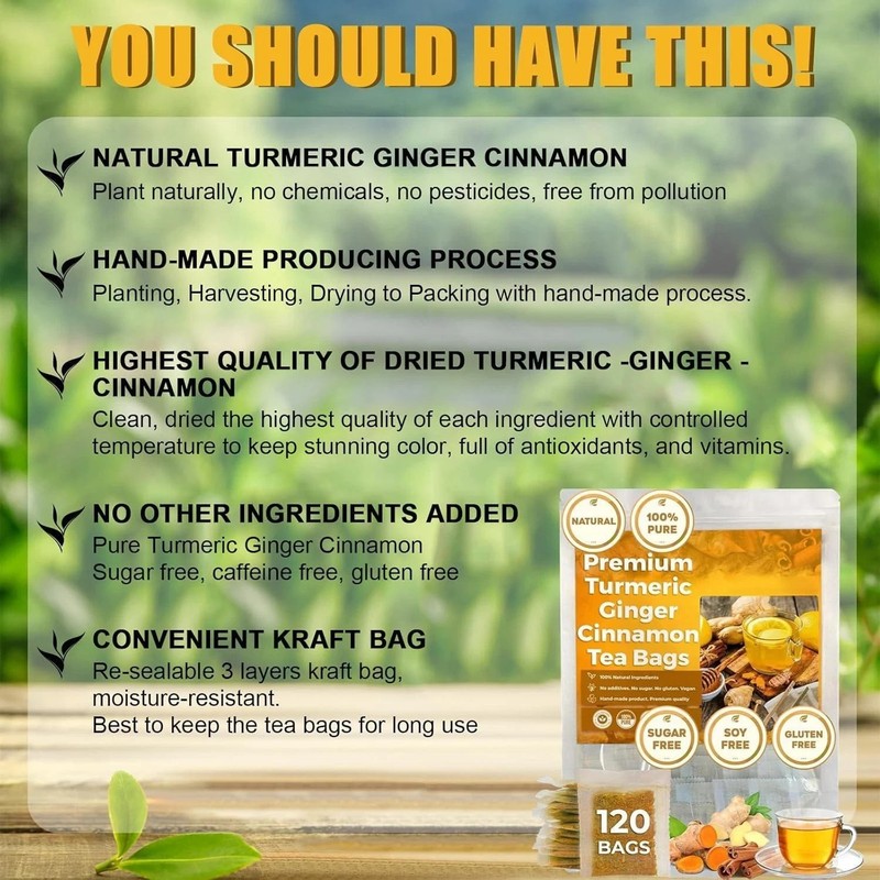 Premium Turmeric Ginger Cinnamon Tea Bags, 100% Natural &No Additive Support gallery