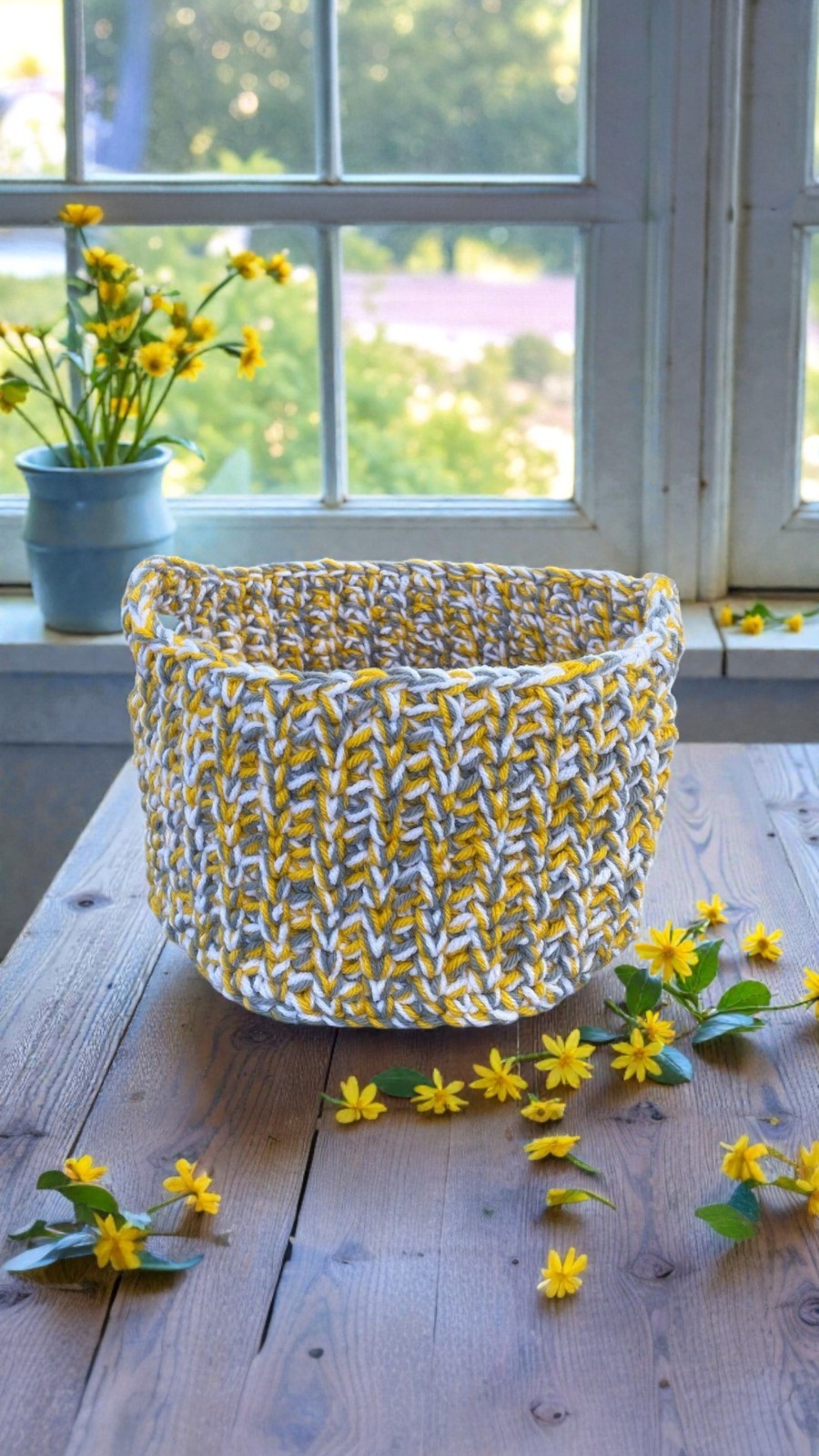 Handmade Crochet Basket Yellow, Gray, and White Multi-Use Storage With Handles gallery