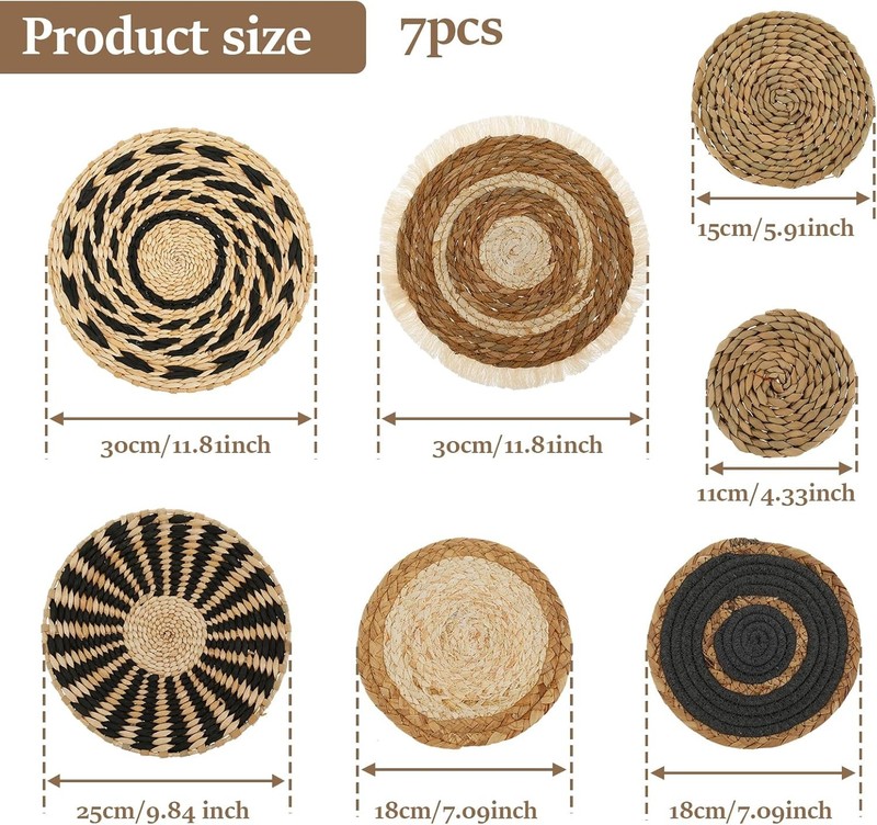 7Pack Boho Wall Basket Set Hanging Woven Wall Basket Decor Rattan Flat Round Wic gallery