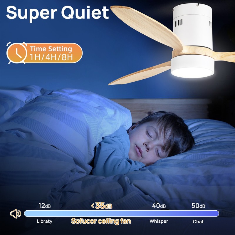Sofucor 52 inch Solid Wood Low Profile Ceiling Fans w/ Lights and Remote Bedroom gallery