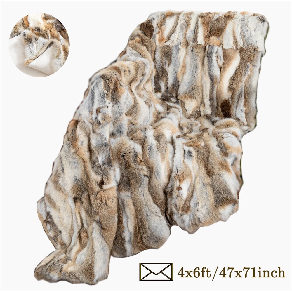 Luxury Real Rabbit Fur Throw Bedspread Blanket Winter Warm Leather Pelts 4ftx6ft gallery