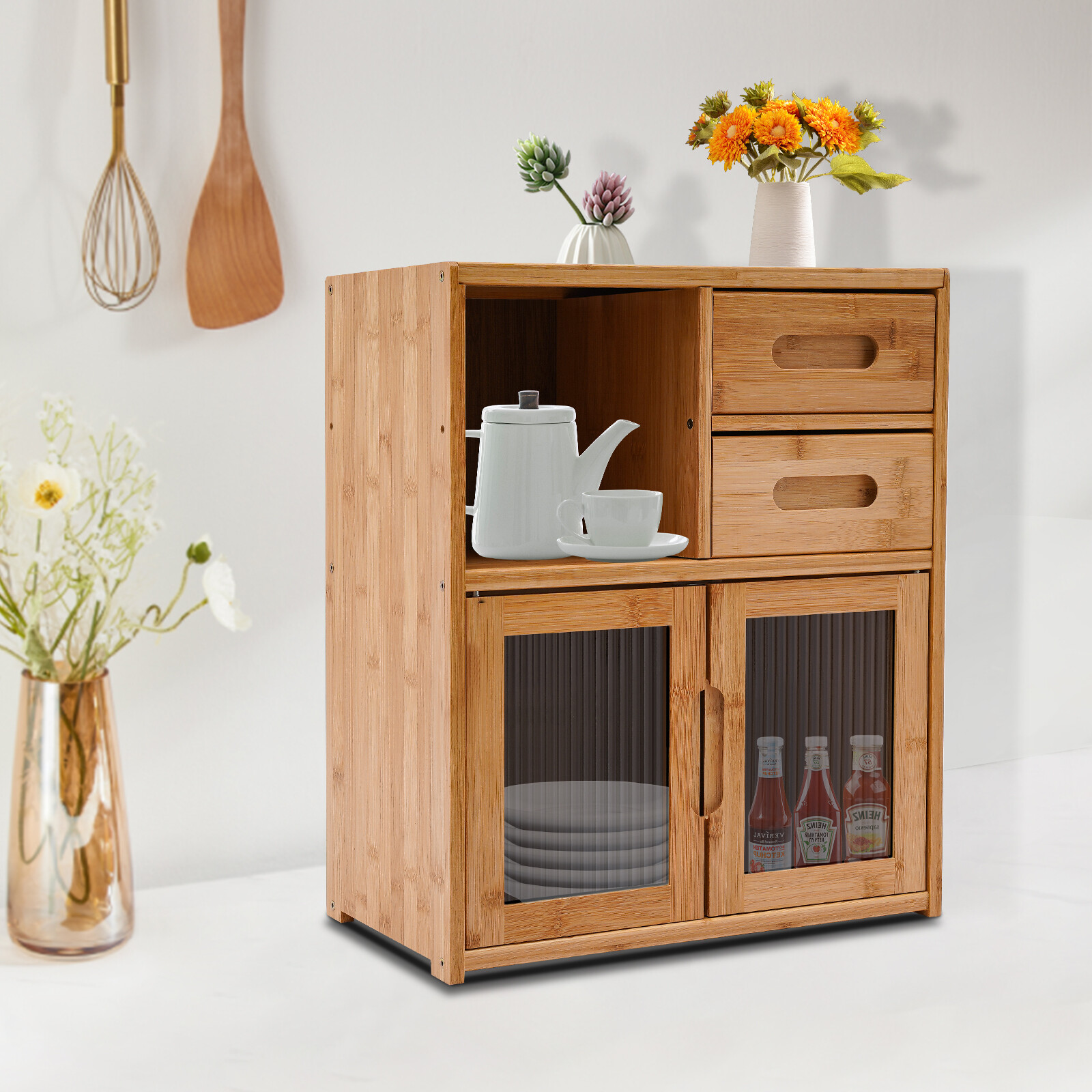 Bamboo Kitchen Countertop Cabinet Pantry Sideboard Storage Cabinet with Drawers gallery