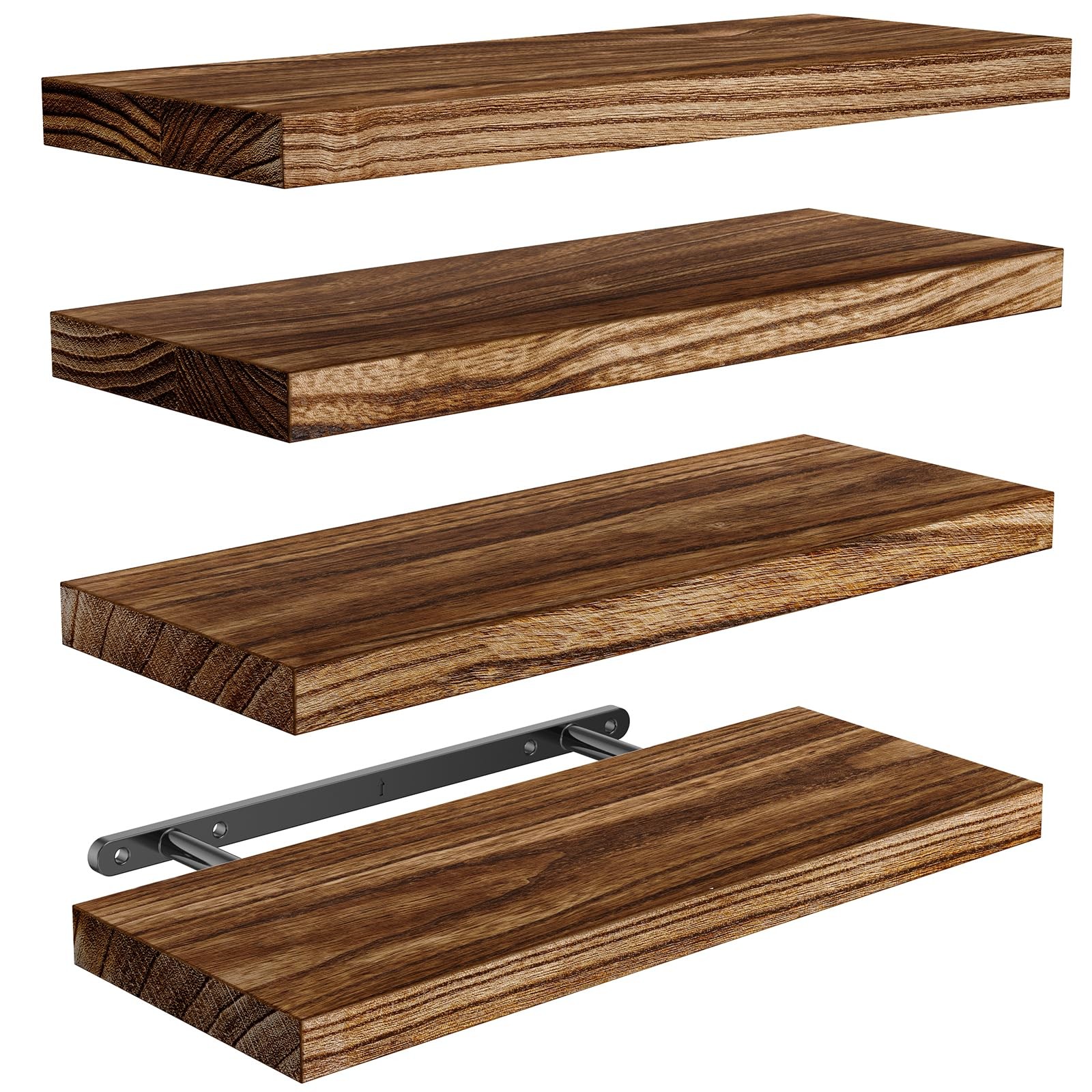 AMADA HOMEFURNISHING Floating Shelves, Paulownia Wood Wall Shelves 4, Brown gallery