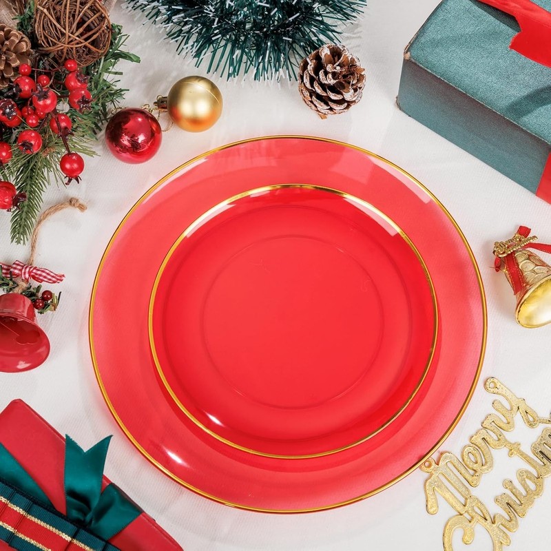 180-Pcs Red Plastic Dinnerware Set with Gold Accents - Hand Wash Only gallery