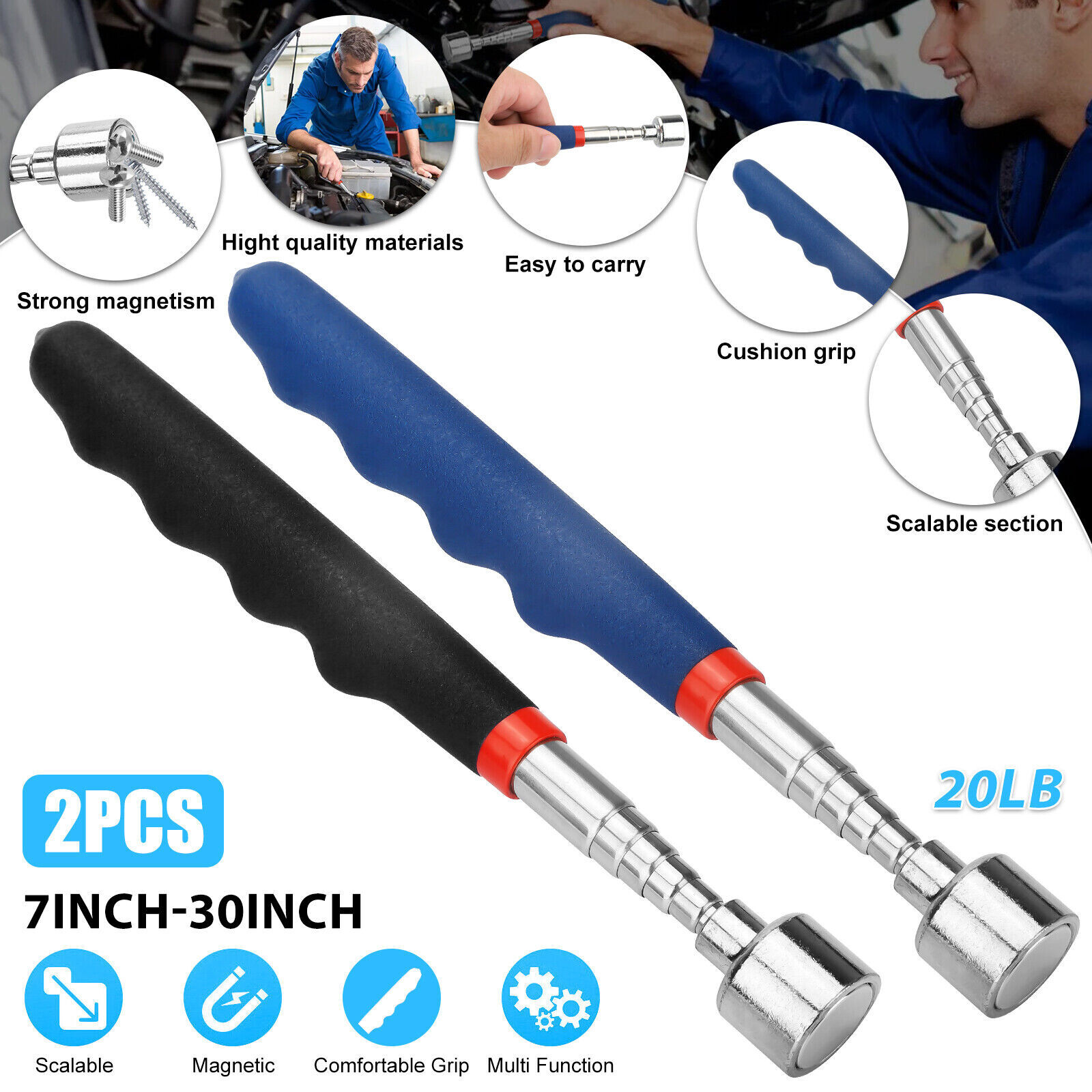 2x 30in Magnetic Telescoping Pickup Rod Tool 20lb Magnet Grabber Extension Stick gallery