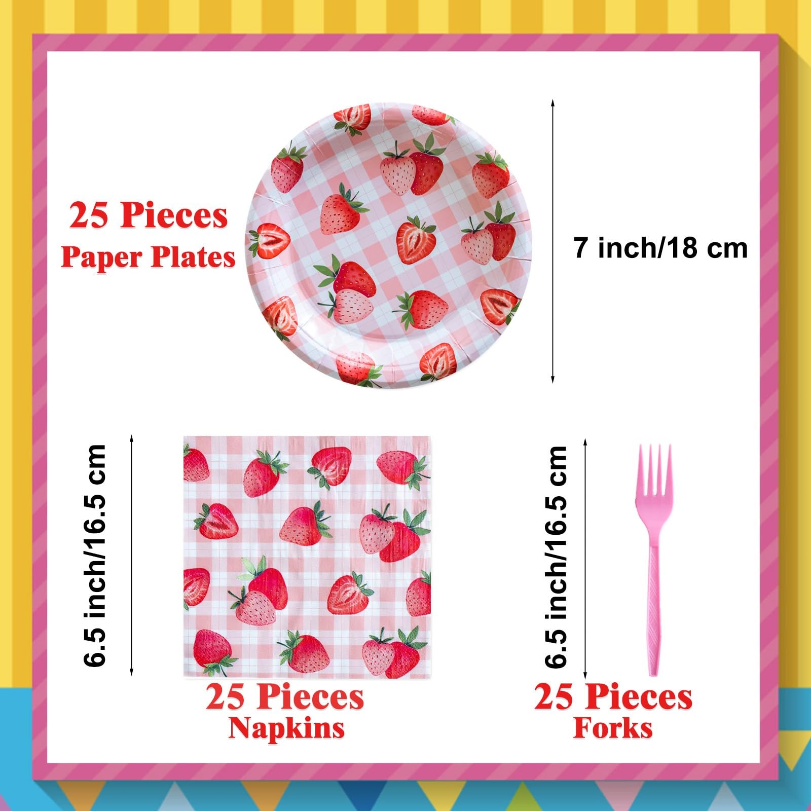 75 PCS Strawberry Party Supplies 7 Inch Dessert Plates Tableware 25 Guests gallery