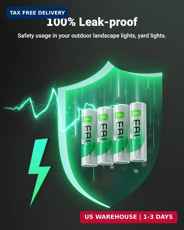 EBL Solar AA Battery Rechargeable Batteries for Outdoor Solar Lights, 1300mAh NI gallery