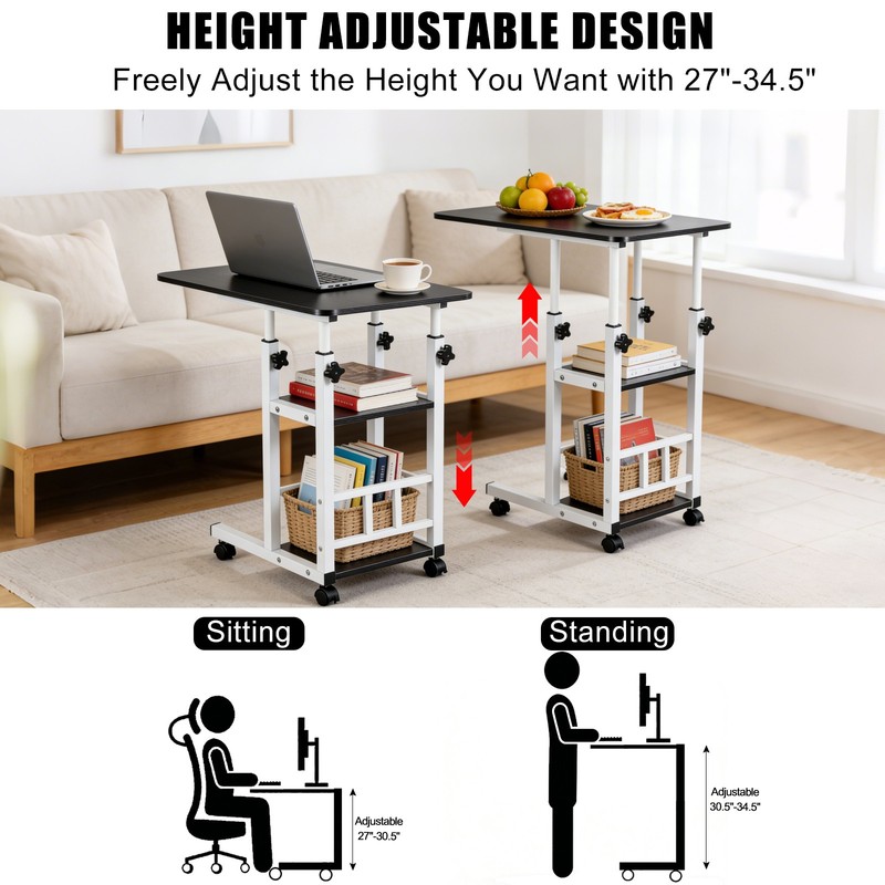 Height Adjustable C Table on Wheels with Storage Shelves Sofa End Table gallery