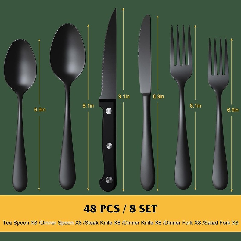 48-Piece Black Silverware Set for 8, Stainless Steel Cutlery Utensils Kitchen gallery