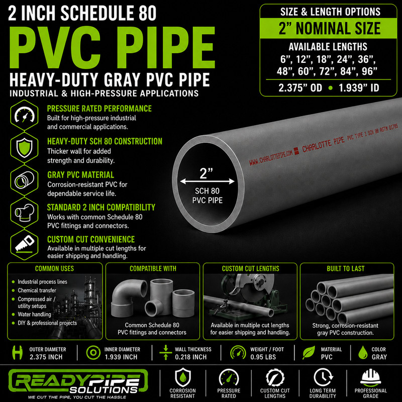 2" Schedule 80 PVC Pipe | Gray | Custom Cut Lengths 12"-96" | Pressure Rated gallery