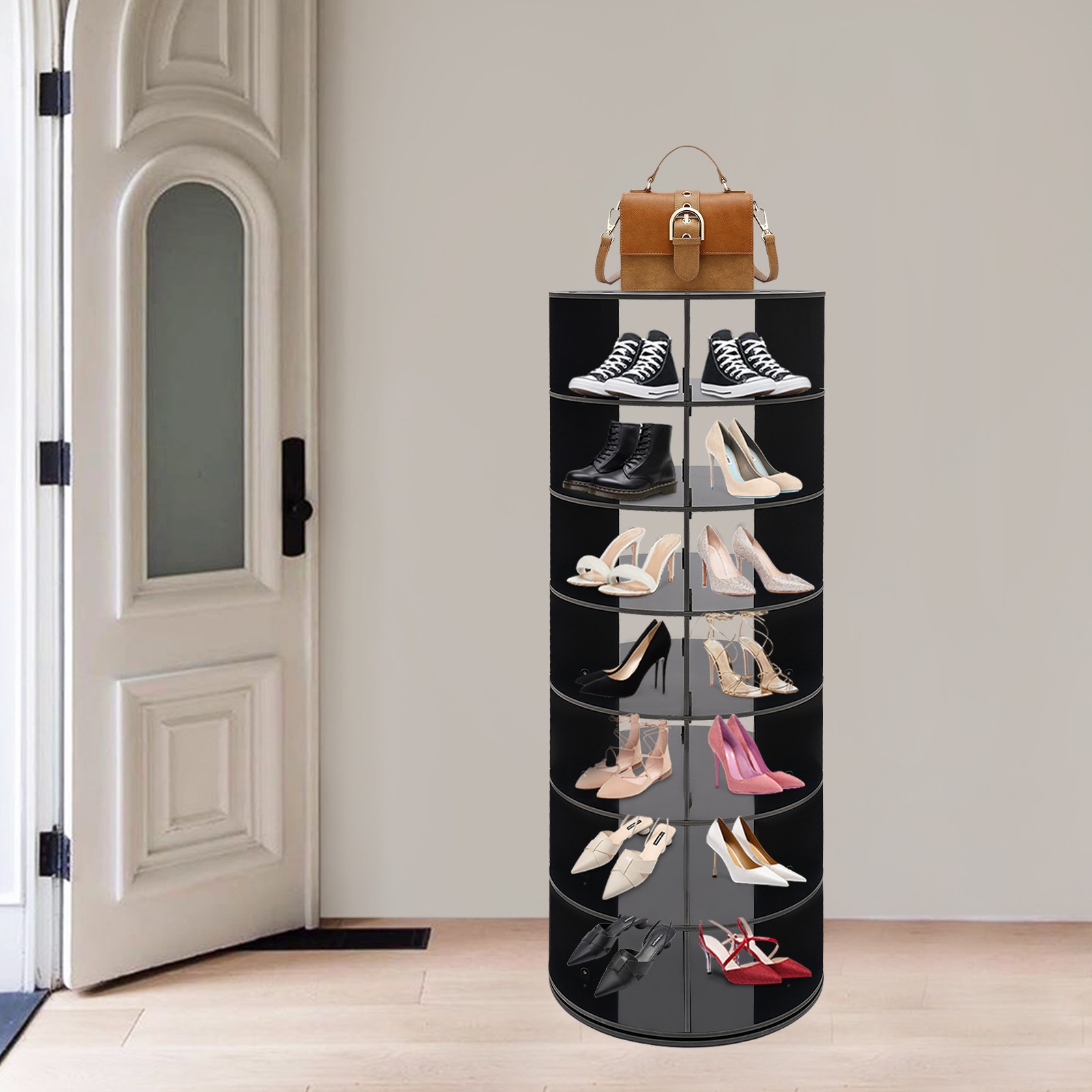 7-Tier 360° Rotating Shoe Rack 28-Pair 60 × 152cm Black Vertical Organizer gallery