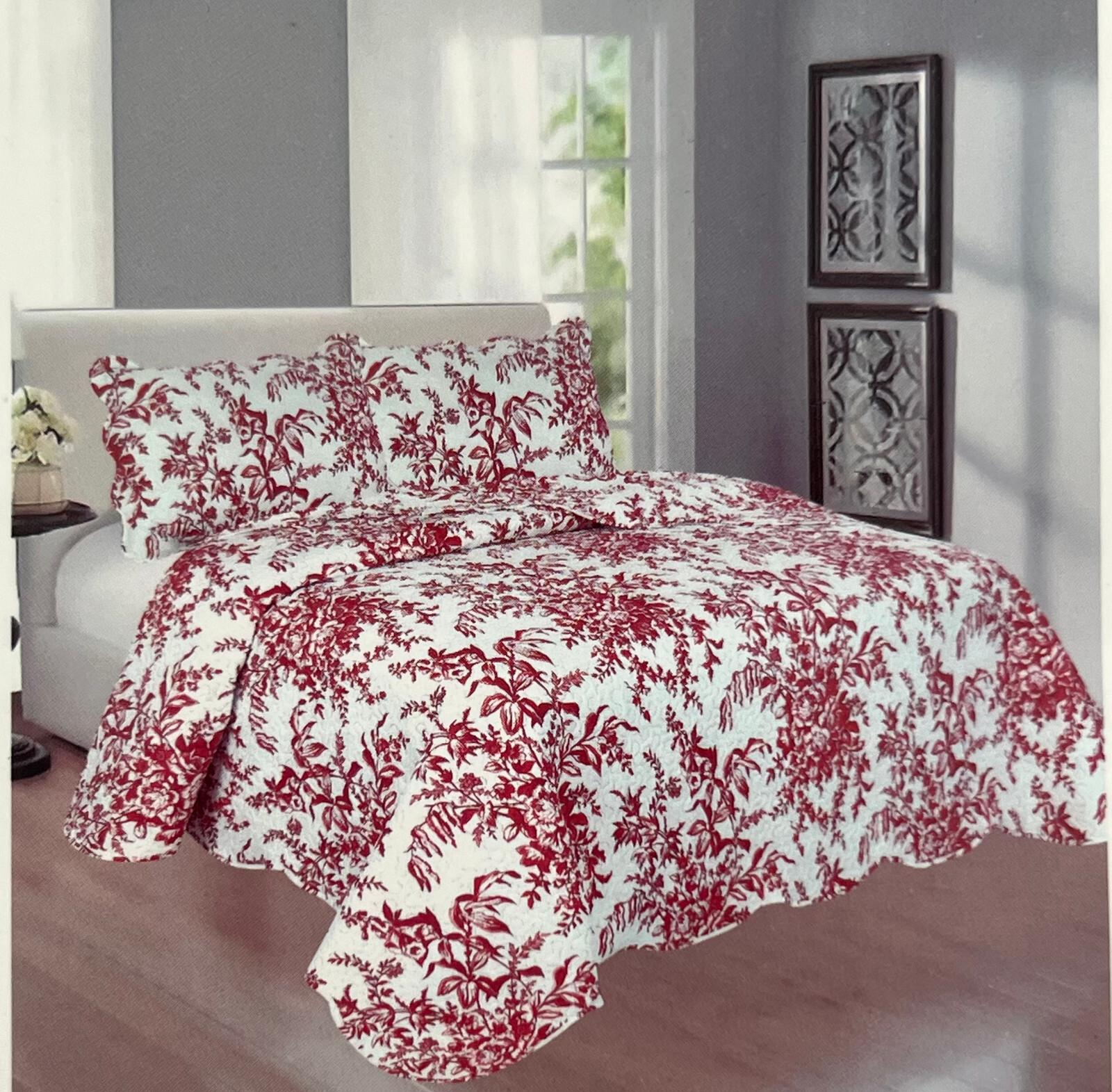 3-Piece Queen Size Printed WHITE AND RED Quilt Set -RED Flower gallery