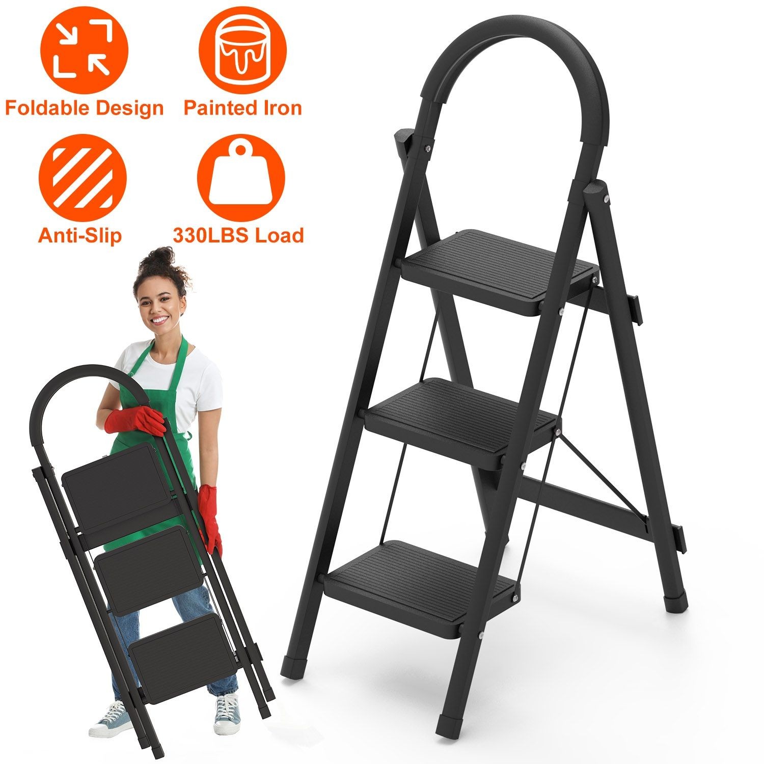 3-Step Folding Ladder, 330lbs Load Capacity, Lightweight 6.94lbs with 1.57in Fol gallery