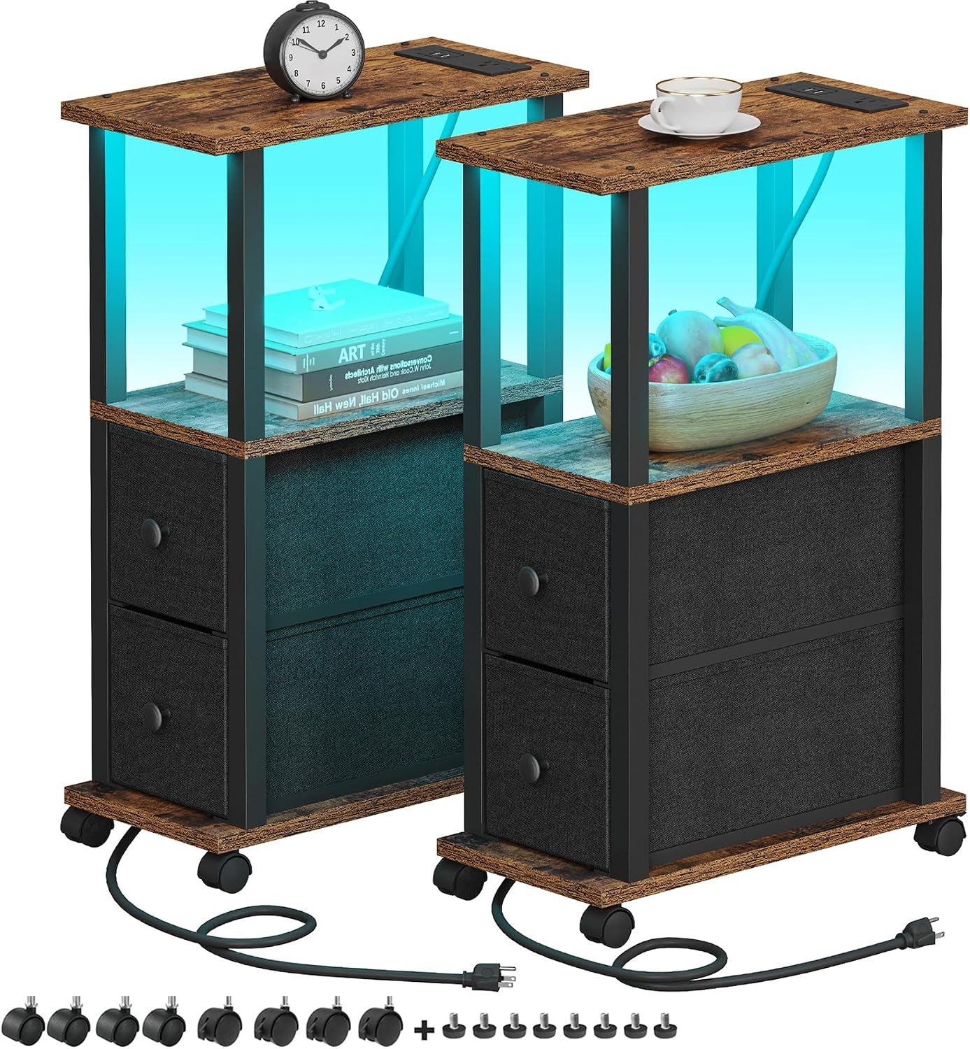 TUTOTAK Small Narrow End Tables, LED Side Tables with 2 Fabric Drawers, Set of 2 gallery