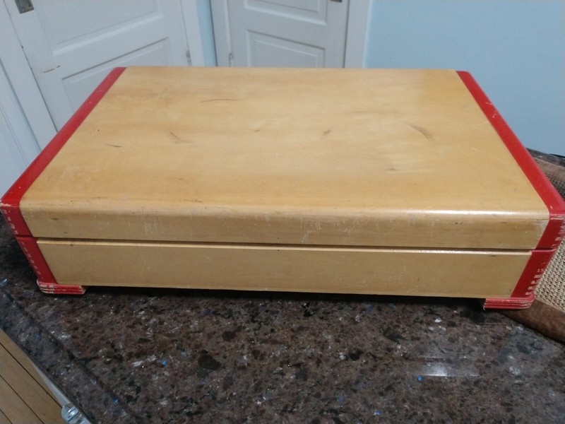 VTG Large Pine Tone & Chippy Red Solid Wood Silverware Flatware Chest Box gallery