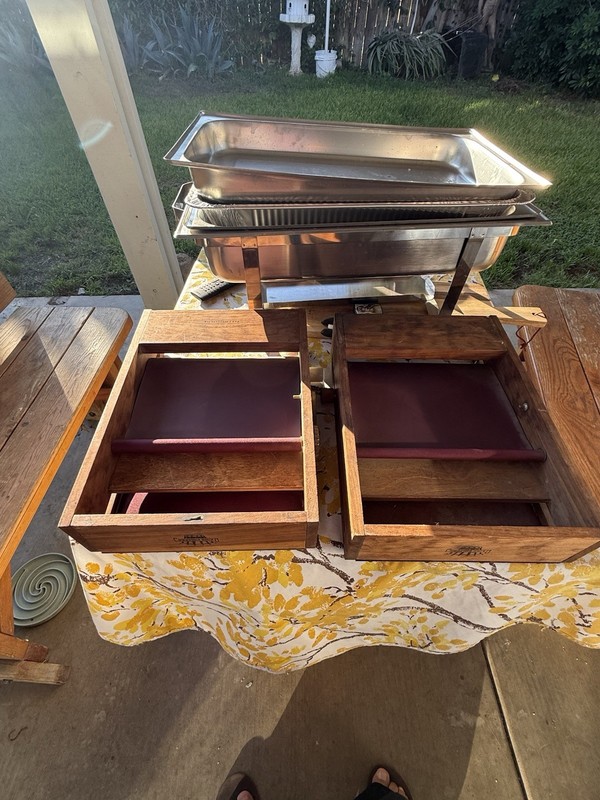 Full Size Rectangular Chafing Dish 6 Qt Wood Base Matte Silver/Brown Handles gallery