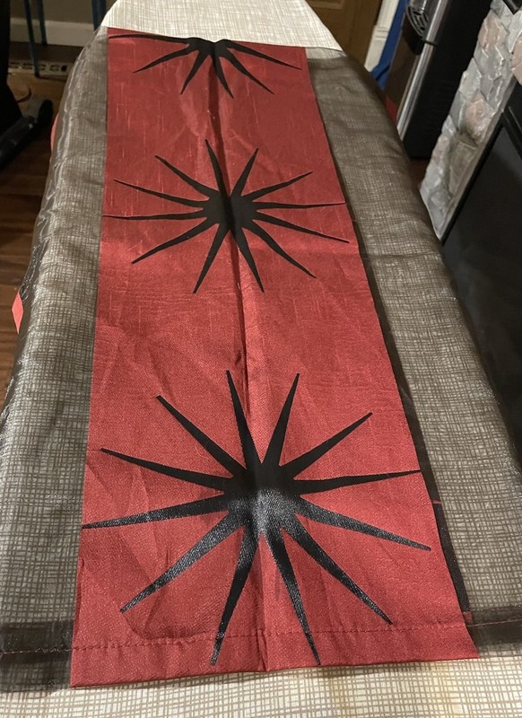 Double Sided Table Runner Maroon~Black Knit Sheer Fabric Star Burst 55.5”L 19.5” gallery
