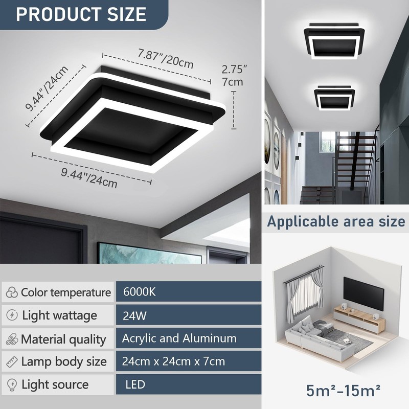 CANEOE Black Modern LED Ceiling Light, Square Flush Mount Ceiling Hallway Lig... gallery