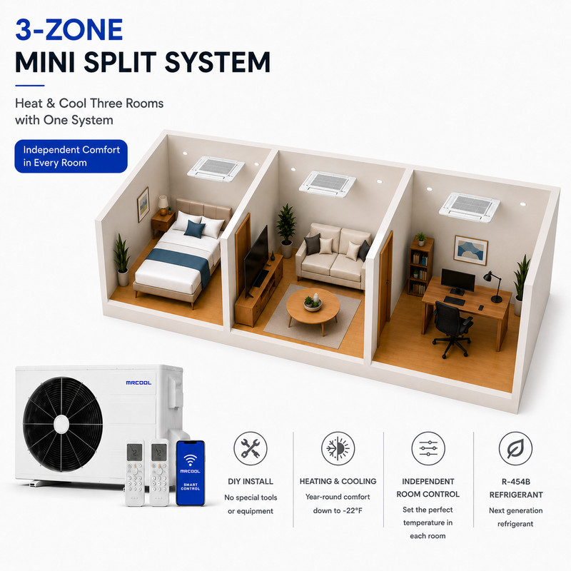 MRCOOL DIY 5th Gen 3 Zone Ceiling Cassette Mini Split AC Heat Pump System gallery