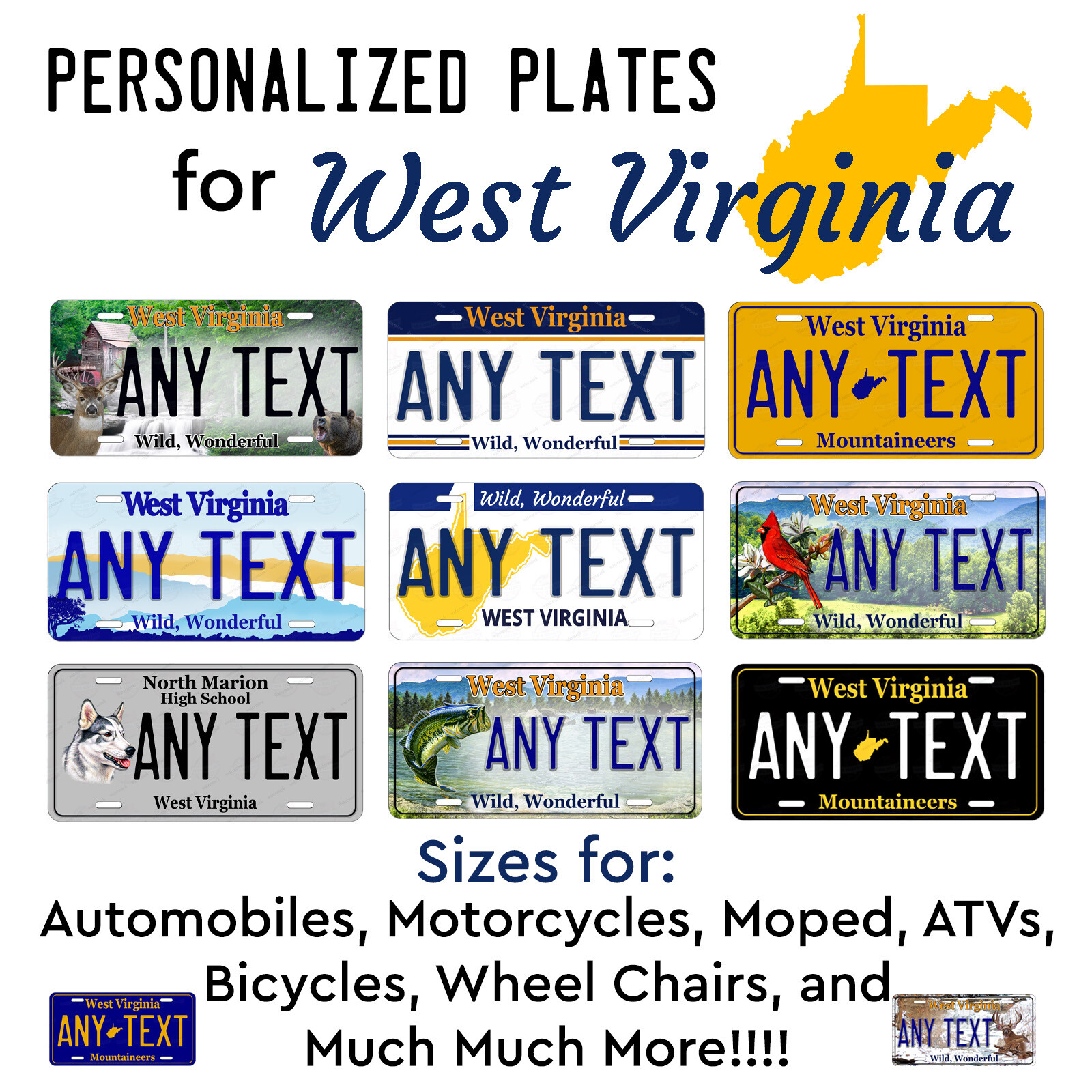 WEST VIRGINIA Personalize Custom License Plate Tag for Wall Car Bicycle ATV Bike gallery